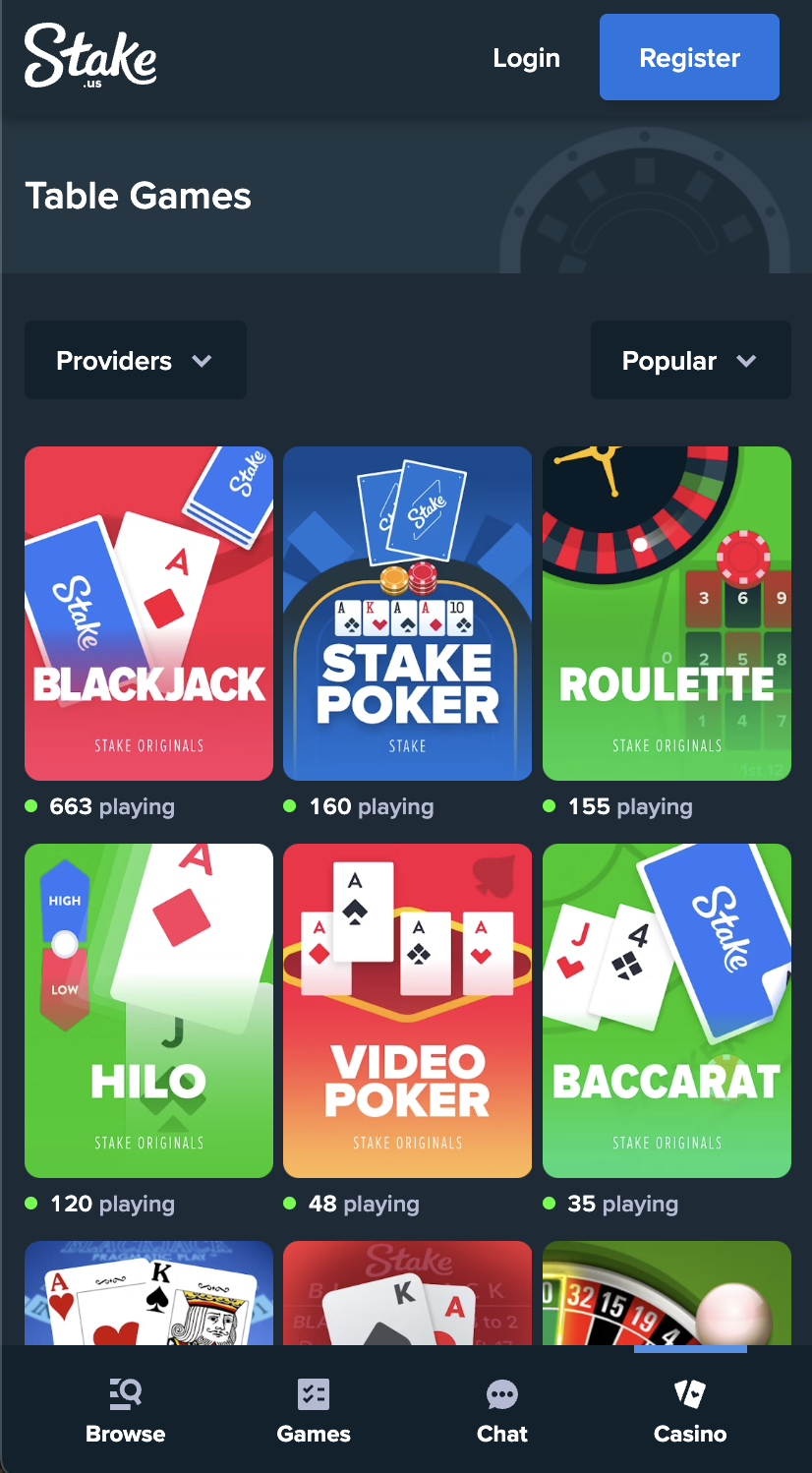 Stake.us live dealer and table games